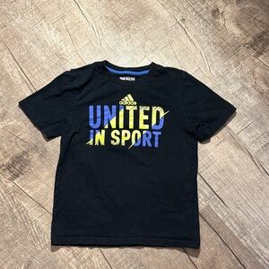 5/$15 adidas Black Tee with Blue and Yellow "United in Sport" Graphic size 7
